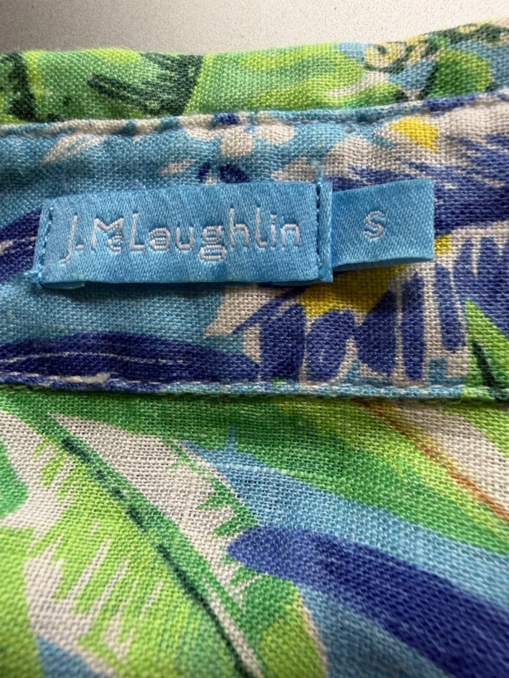 J. McLaughlin Blue/Green Tropical Pattern Linen LS Blouse Sz S - Picture 5 of 7